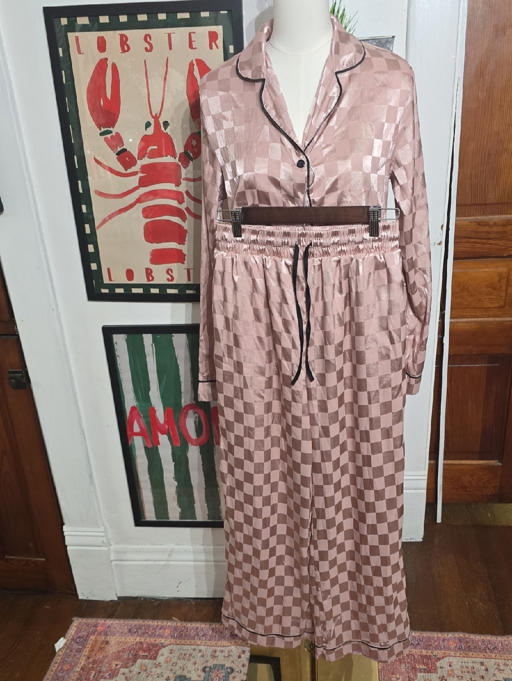 BCBGMaxAzria Pink Check Satin Pajamas Pjs Small